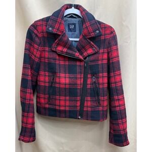 GAP Womens Red‎ Black Plaid Wool Blend Asymmetric Moto Jacket XS